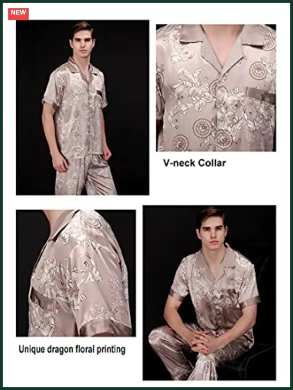 Men's Silk Satin Pajama Set Short Sleeve Dragon Pattern Loungwear Sleep Set